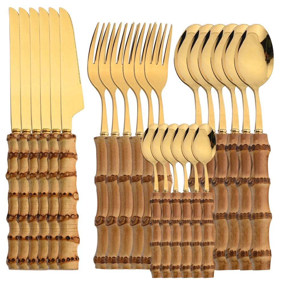 Bamboo Cutlery - 24 Uds. Cubiertos de acero inoxidable